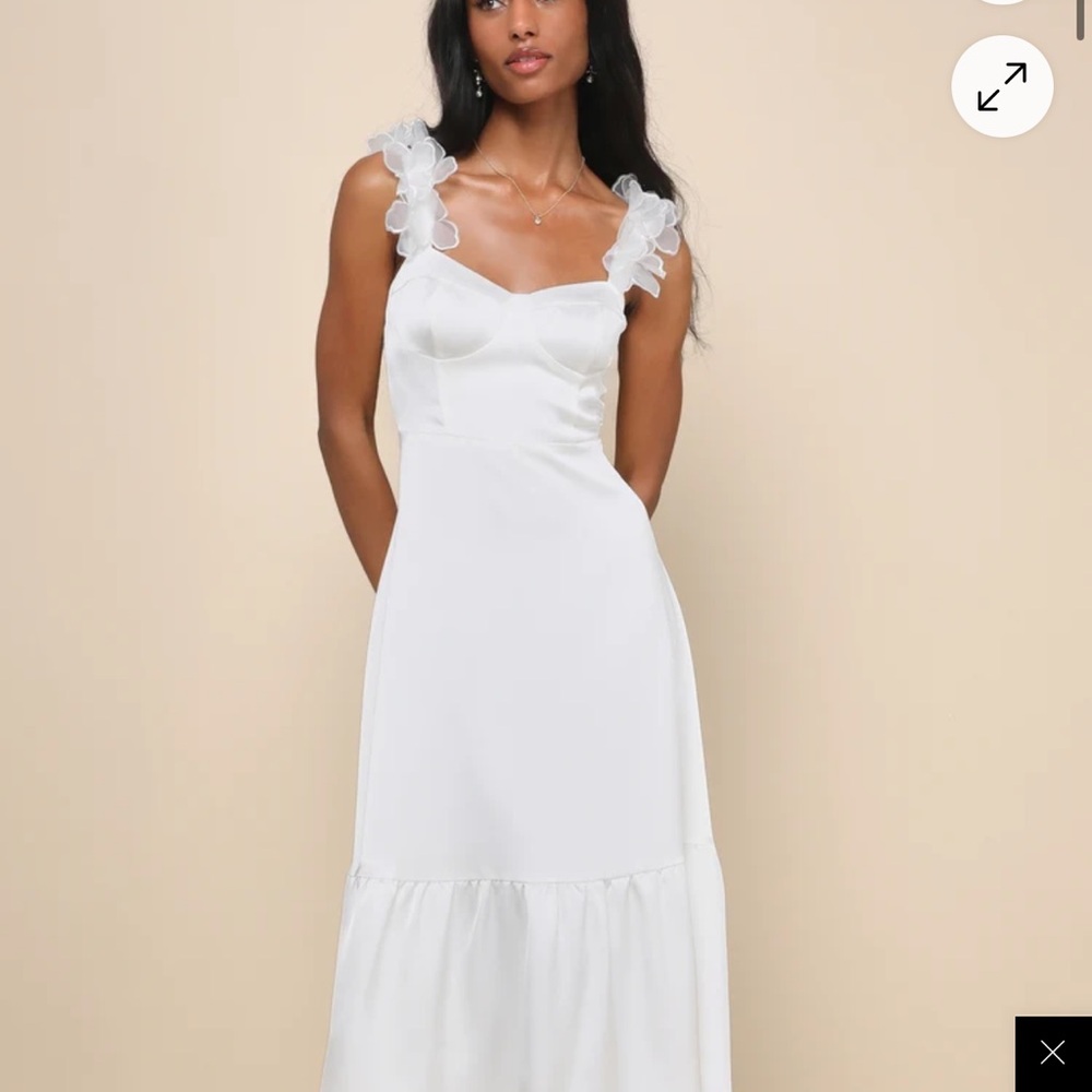 Divinely Charming White Satin Floral Appliqué Bustier Midi Dress